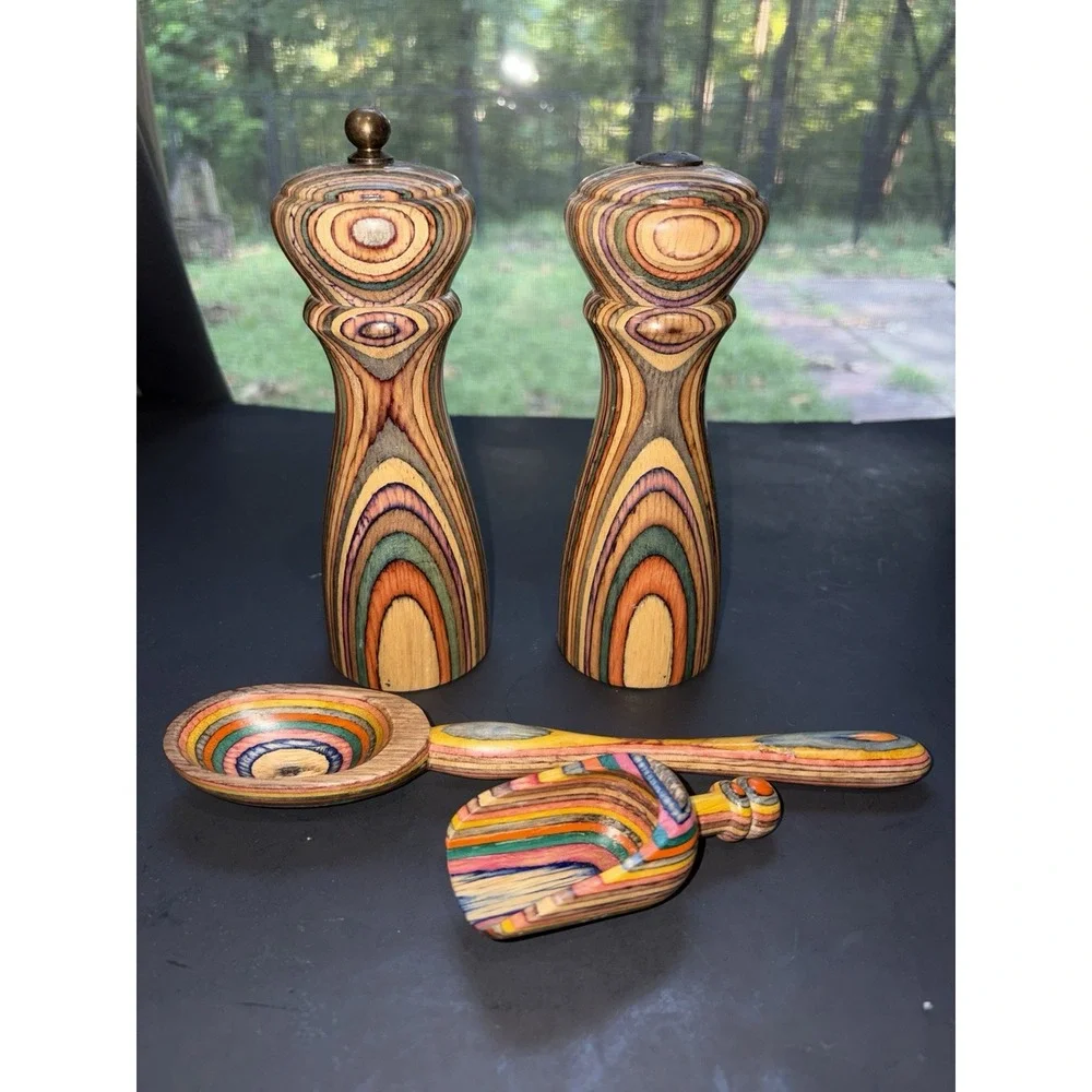 Vintage Mr. Dudley Laminated Rainbow Wood Salt & Pepper Mill Grinder Spoon Scoop